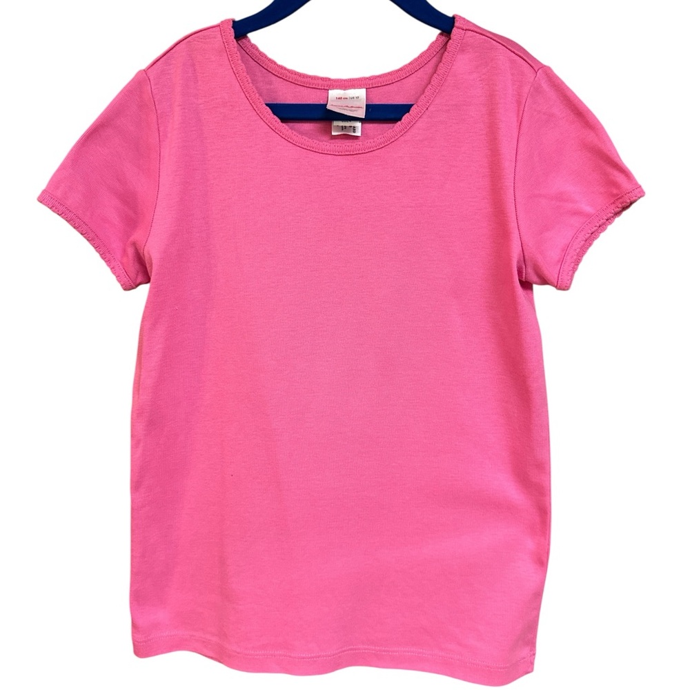 Hanna Anderson Girls Pink Shortsleeved Scoop Neck Tee Scalloped Stitching Trim
